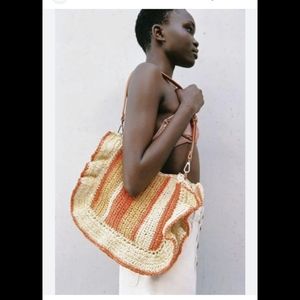 Zara Shoulder bag Woven Tote Handbag Colorblock Bag Orange Beige Ruffles